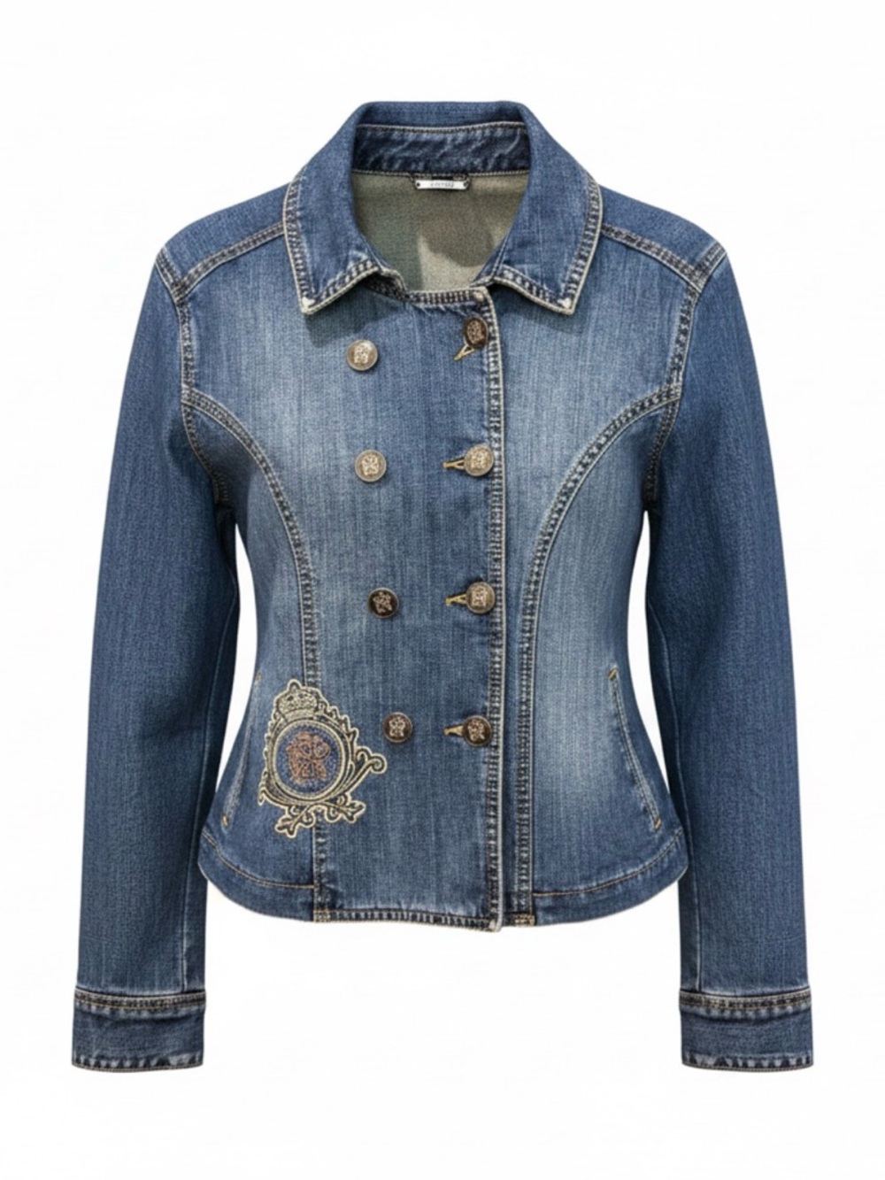 Express Embroidered Crest Light Blue Denim Jacket. Size large